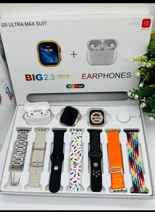 i20 Ultra Pro Max 10 in 1 with AirPods Pro 2 | 7 Straps | Luxury Gift