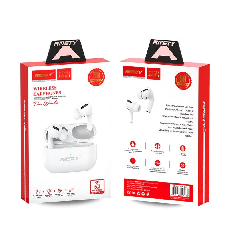 ANSTY Wireless Earbuds, Bluetooth 5.3, Touch Control, HD Mic, 5-Days Battery Life, AST-B16 White